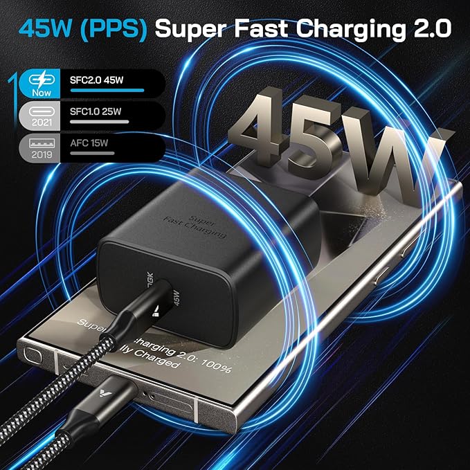 45W Super Fast Charger USB C, 45 Watt Type-C Android Phone Charger Fast Charging Block with 12FT Type C Cords for Samsung Galaxy S25 Ultra/S24 Ultra/S24+/S23 Ultra/S23+/S22 Plus/S20, Tab S9/S8 Ultra