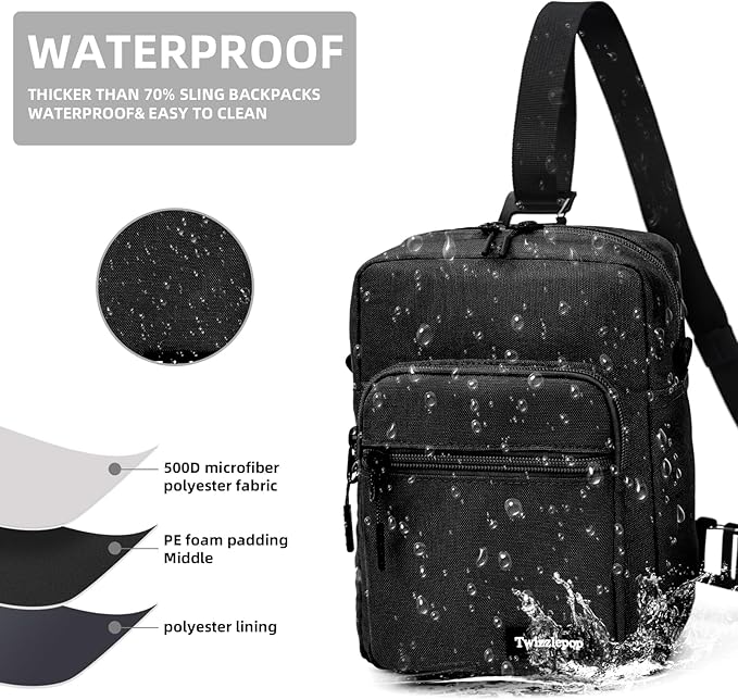 Waterproof Sling Bag For Men, Small Nylon Crossbody Sling Backpack With Multi Pocket, Adjustable Chest Bag For Travel, Hiking, Workout - Black