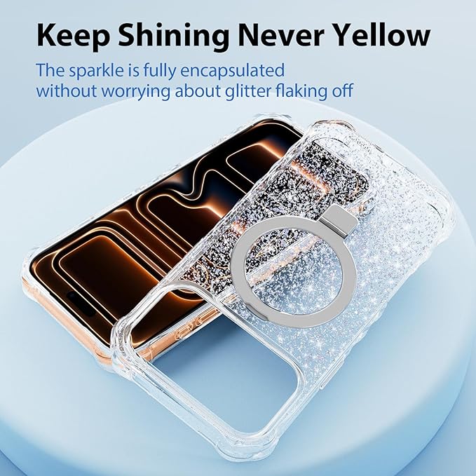 Magnetic for iPhone 17 Pro Max Case with Invisible Stand, Compatible with MagSafe, Clear Bling Sparkle Shockproof Slim Anti-Slip Military Drop Protection Hard Phone Case 6.9" Glitter Silver