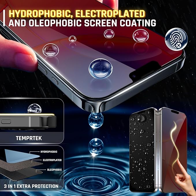 TEMPRTEK+ 2 Pack for iPhone 16 Pro Max Privacy Screen Protector Glass -16 Pro Max Screen Protector Privacy 9H Military Grade Scratch Fingerprint Resistance Anti-Glare Easy Installation Bubble Free