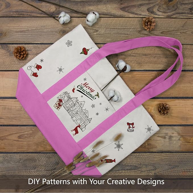 TOPDesign 6-Pack Canvas Tote Bags with an External Pocket, Reusable Grocery Shopping Bags, Top Zipper Closure, Daily Essentials (Light Purple/Natural)