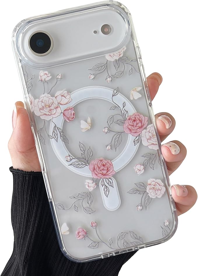 ZTOFERA for iPhone Air Magnetic Case Compatible with Magsafe,Aesthetic Floral Pattern Design Cute for Girl Women,Anti-Drop Protective Hard Phone Cover for iPhone Air-Pink Rose