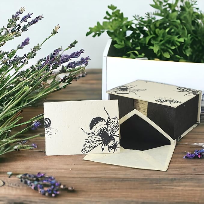Kathmandu Valley Co. Nepali Cherish Greeting Card & Envelope Deluxe Box Set with Handmade Lokta Paper from Nepal, 25 Cards (Bees)