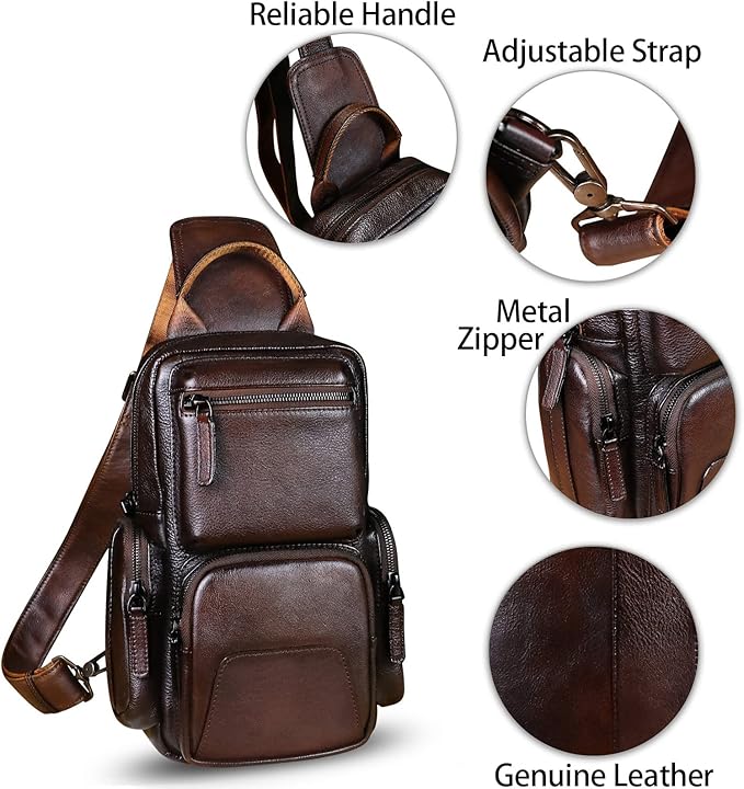 IVTG Genuine Leather Sling Bag Crossbody Casual Hiking Daypack Vintage Handmade Chest Bag Shoulder Backpack Motorcycle Pack (Coffee)