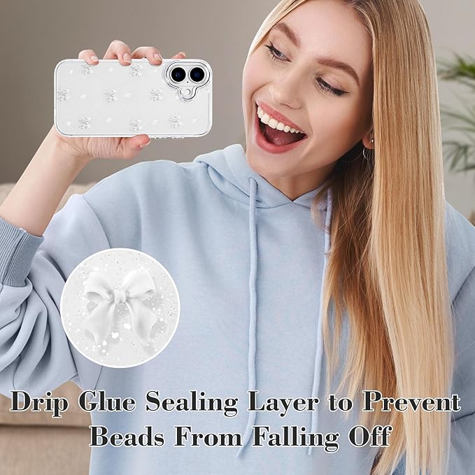 EYZUTAK Case for iPhone 16, Bling Glitter 3D Bowknot Phone Case Cute Sparkly Crystal Clear Bow Aesthetic Design Case Slim Soft Durable TPU Transparent Protective Cover for Women Girl - White Bow