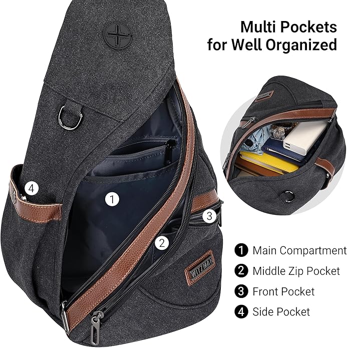 WITZMAN Canvas Sling Bag for Men Women Convertible Sling Backpack Crossbody Vintage Chest Bag Travel Casual Daypack（A8003 Black）