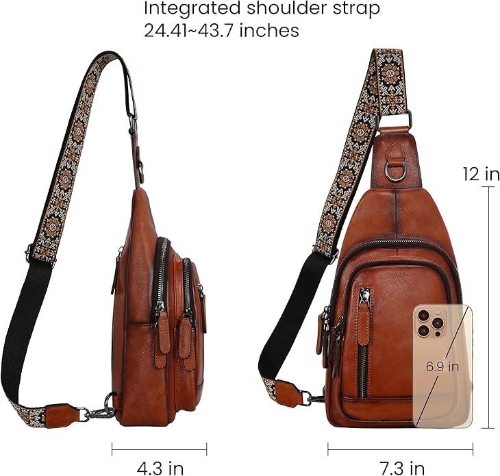 HESHE Leather Sling Bag for Women Crossbody Bags with Multi-Pocket Stylish Fanny Packs for Travel Chest Bag