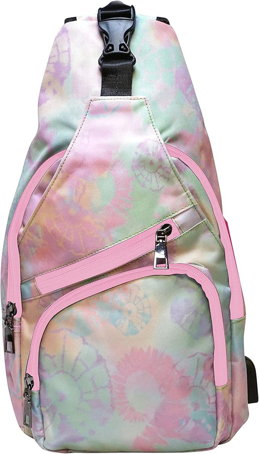 Anti-Theft Daypack Crossbody Sling Backpack, USB Charging Connector Port, Lightweight Day Pack for Travel, Hiking, Everyday, Large, Tye Dye Pastel