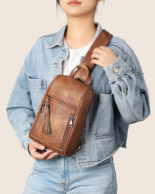 FADEON Sling Bag for Women, Crossbody Purse with Tassels, Designer Leather Shoulder Chest Bags for Travel