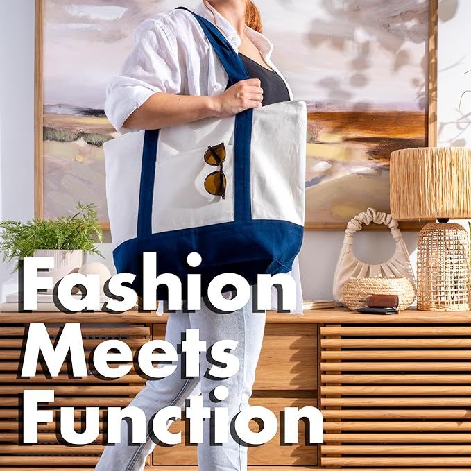 Carrywell |Not Made in China| Cotton Tote Bags, Reusable Grocery Shopping Bag with Zipper Closure and Front Pocket, Heavy Duty Organic Cloth w/Handles