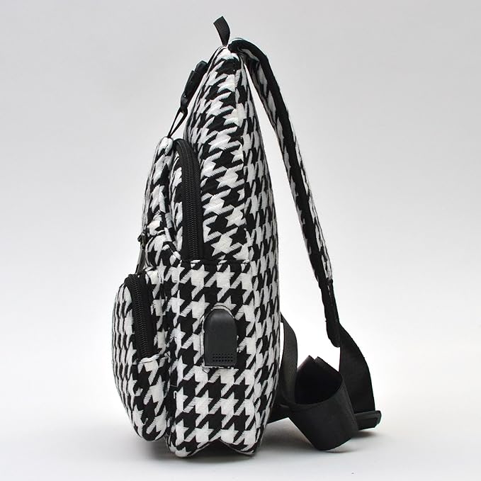 Anti-Theft Daypack Crossbody Sling Backpack, USB Charging, Lightweight Day Pack for Travel, Hiking, Everyday, Regular, Houndstooth
