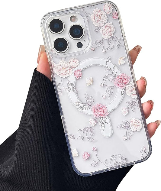 ZTOFERA for iPhone 16 Pro Max Magnetic Case Compatible with Magsafe,Aesthetic Floral Pattern Design Cute for Girl Women,Anti-Drop Protective Hard Phone Cover for iPhone 16 Pro Max-Pink Rose