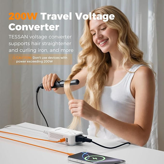 220V to 110V Voltage Converter US to Europe, TESSAN Universal Travel Adapter with 2 AC Sockets and 2 USB (1 USB-C) Ports, 200W Power Converter with EU/UK/AU/IT/India Plugs for Worldwide Travel
