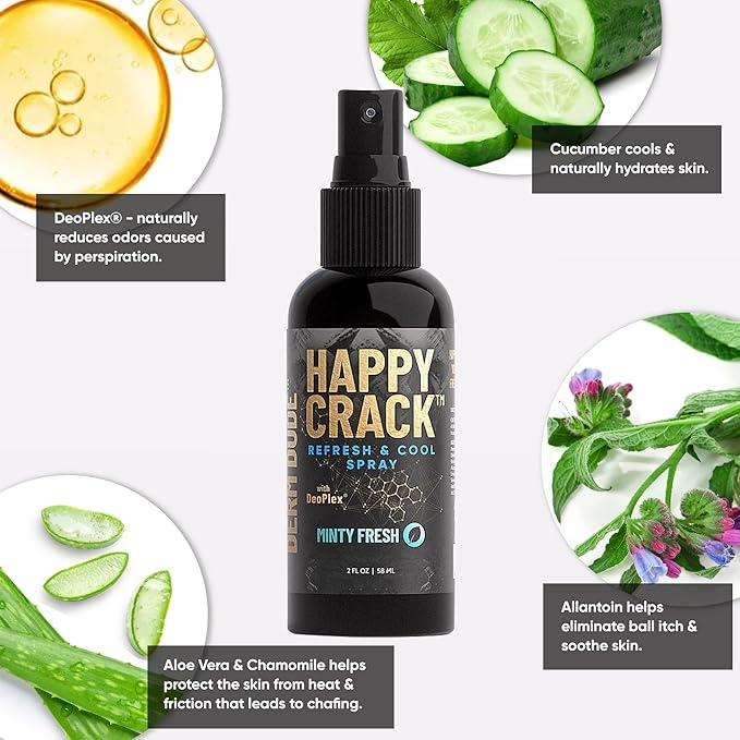 Derm Dude Happy Crack Refresh & Cool Butt Spray | Minty Fresh Scent | Deodorant & Odor Eliminator with Soothing Witch Hazel & All-Natural DeoPlex for Odor Control | 2 oz (1 Pack)