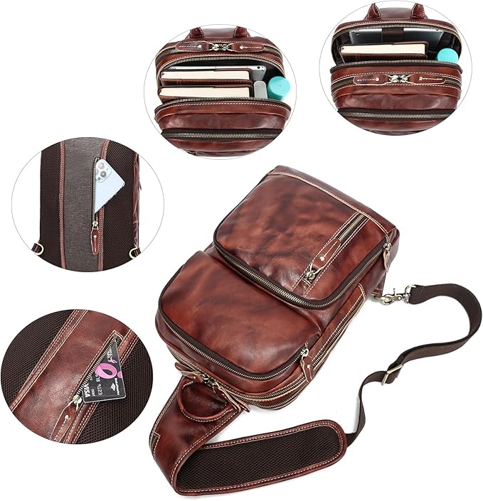 LANNSYNE Full Grain Leather Sling Bag For Men, Crossbody Bag fits 12.9" iPad Crossbody Chest Daypack