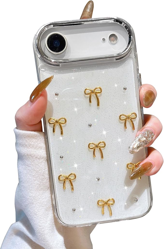 EYZUTAK Case for iPhone Air, Bling Glitter 3D Bowknot Phone Case Cute Sparkly Crystal Clear Bow Aesthetic Design Cover Slim Soft Durable TPU Transparent Protective Cover for Women Girls - Gold Bow