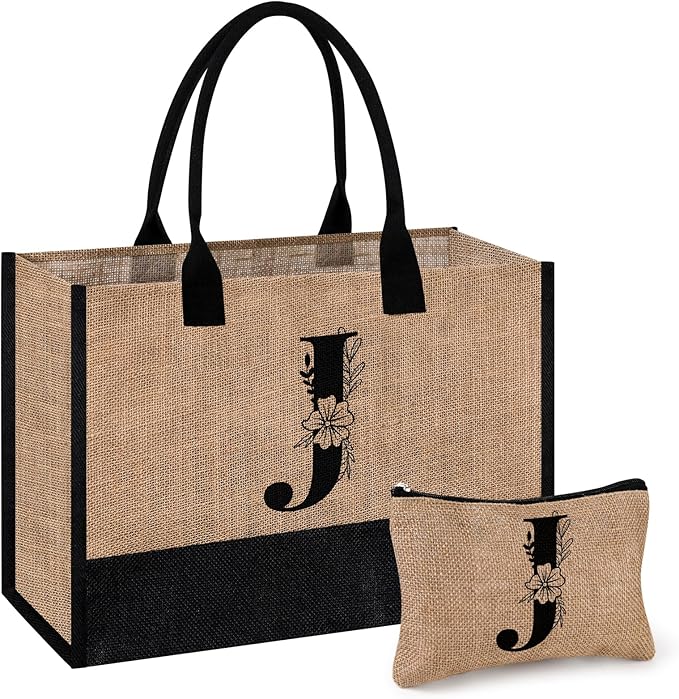 AYGE Personalized Initial Jute Tote Bag & Makeup Bag, Beach Bag, Monogrammed Birthday Gifts for Women Sister Mom Bridesmaid