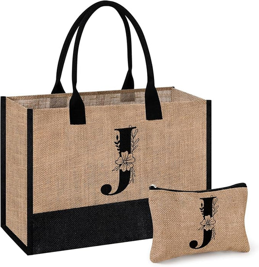AYGE Personalized Initial Jute Tote Bag & Makeup Bag, Beach Bag, Monogrammed Birthday Gifts for Women Sister Mom Bridesmaid