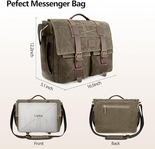 Messenger Bag for Men,13-14 Inch Laptop Bag, Vintage Water-resistant Waxed Canvas Satchel Bags, Leather Briefcase for School Work Travel (Vintage Grey)