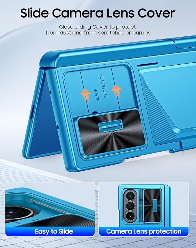 for Samsung Galaxy Z Fold 7 Case with Card Holder RFID Blocking, Built in Slide Lens Cover & Hinge Protection & Kickstand & Screen Protector, Shockproof Wallet Case for Z Fold 7 (Lake Blue)