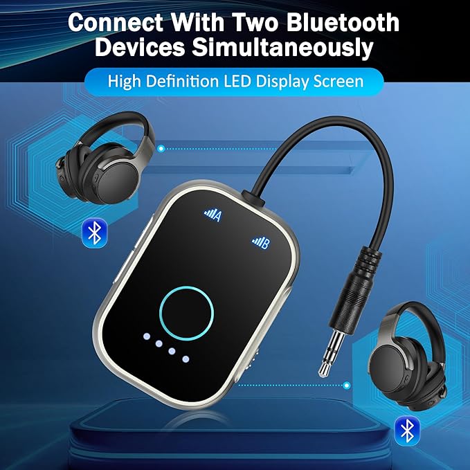 Bluetooth Transmitter Receiver for TV, 2-in-1 Bluetooth 5.3 Adapter for Airplane, Gym Equipment, Cars, for up to Two Wireless Headphones, Cell Phones.