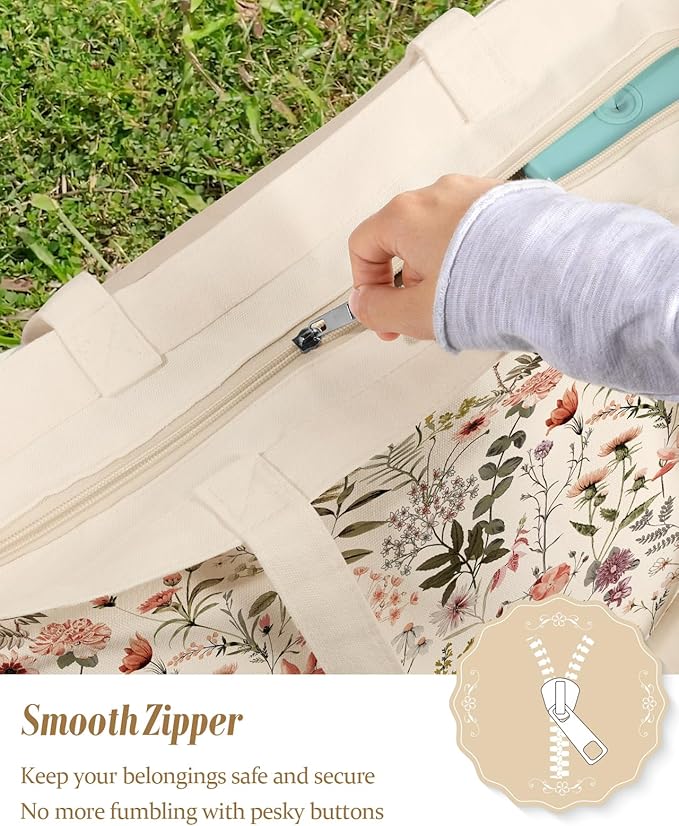 Large Tote Bag for Women - Canvas Tote Bag with Zipper Aesthetic Reusable Shoulder Bag for Gym, Travel, Work