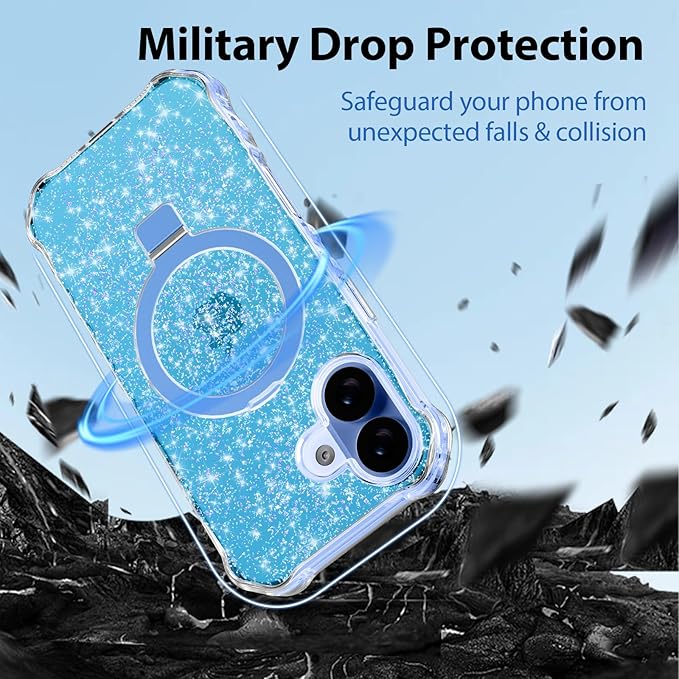 Magnetic for iPhone 17 Case with Invisible Stand, Compatible with MagSafe, Clear Bling Sparkle Shockproof Slim Anti-Slip Military Drop Protection Hard Phone Case 6.3" Glitter Blue