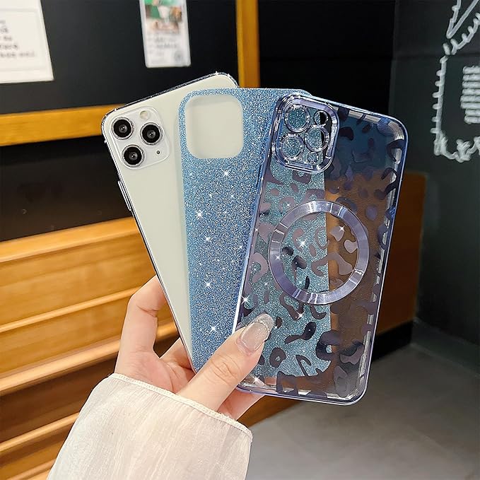 for iPhone 11 Pro Case Magnetic,Soft Cute Luxury Leopard Cheetah Pattern Plating Glitter Bling Phone Case Compatible with MagSafe Clear Shockproof Back Cover for Women Girl 5.8"-Blue
