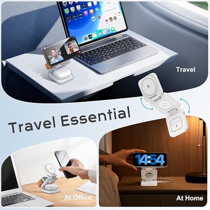 Wireless Charger for iPhone, KU XIU 3 in 1 Travel Charging Station for iPhone 17/16/15/14/13/12 Series, 5W Foldable Charger for Apple Watch10/9/8/7/6/5/4/3/SE, for Airpods 4/3/2/Pro