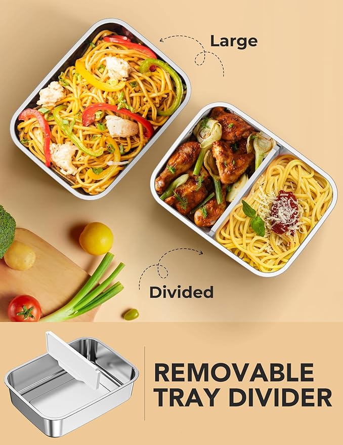 EAST OAK Stainless Steel Inner Container with Lid for Cordless Electric Lunch Box, 5.5 Cups Meal Container for Portable Heated Lunch Box with Removable Tray Divider, Dishwasher Safe