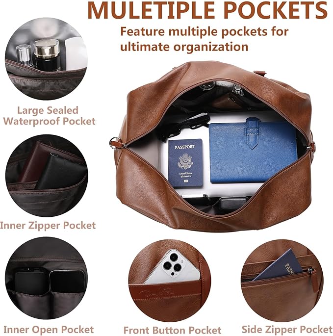 4PCS Duffle Bag for Travel, Weekender Overnight Bag for Women & Men, Large Leather Duffel Carry On with Shoe Compartment, Gym Sports Bag (Brown)