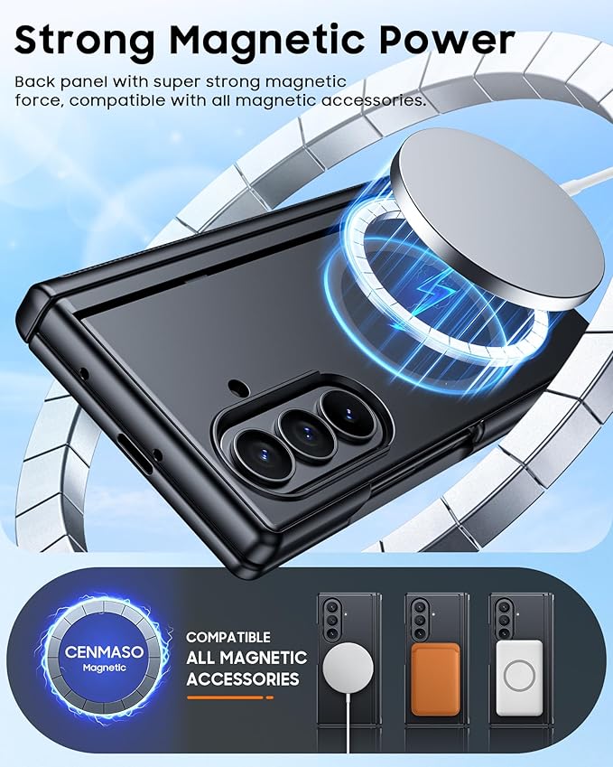 CENMASO Magnetic for Samsung Galaxy Z Fold 7 Case with Stand, Fit for Magsafe, Hinge Protection, Screen Protector, Built-in Hidden Kickstand, Slim Shockproof Phone Case for Galaxy Z Fold 7-Black