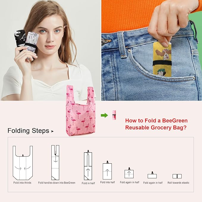 BeeGreen Reusable Grocery Bags Bulk Gifts 12-Pack - Large Tote with Zipper Pouch | Foldable & Washable Polyester Shopping Bags Heavy Duty Animal Lover Gifts Reusable Bag With Handles