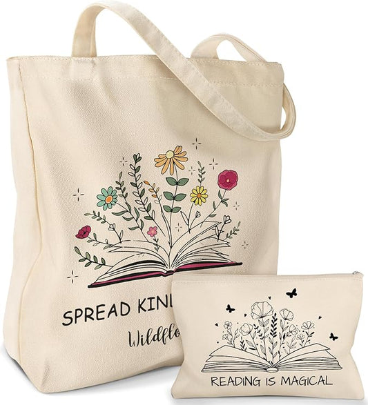 2 Pack Canvas Tote Bag - with Makeup Pouch Aesthetic Cute Women Reusable Canvas Bag for Shopping, Work, Travel