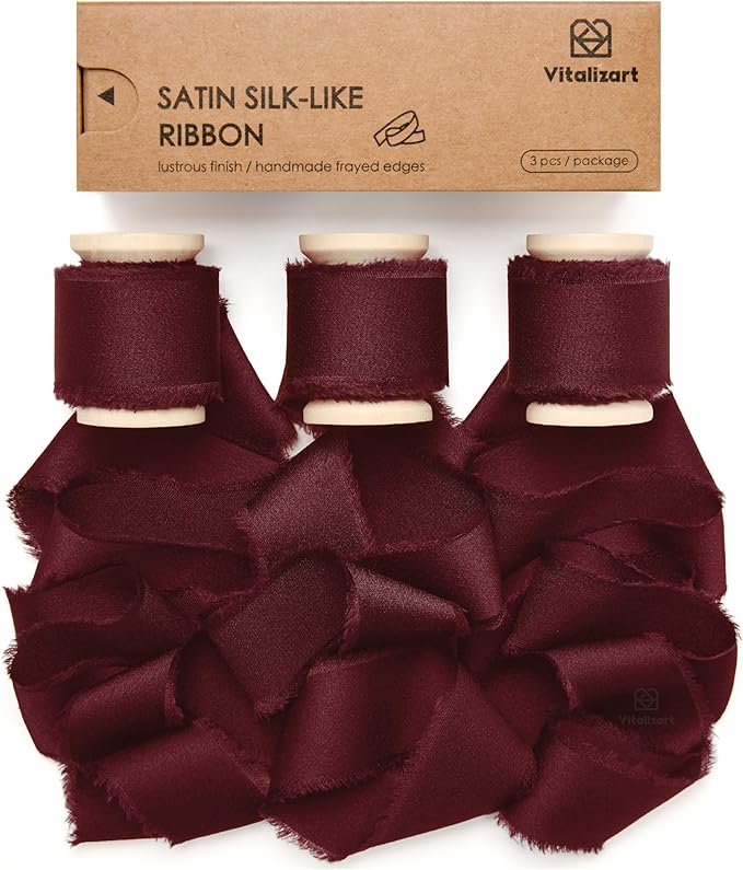 Vitalizart Silk Satin Ribbon 1 inch x 15 Yard Burgundy Red Handmade Frayed Ribbons for Gift Wrapping Baby Shower Wedding Bridal Bouquets Holiday Decor