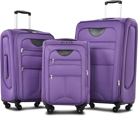 Merax Softside Luggage Set Softshell Lightweight 3 Piece Spinner Suitcase 22" 26" 30" Purple