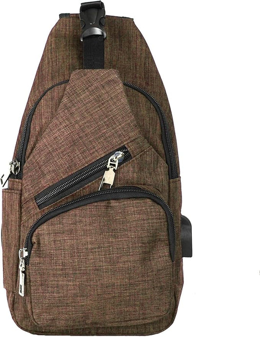 Anti-Theft Daypack Crossbody Sling Backpack, USB Charging Connector Port, Lightweight Day Pack for Travel, Hiking, Everyday, Regular, Brown