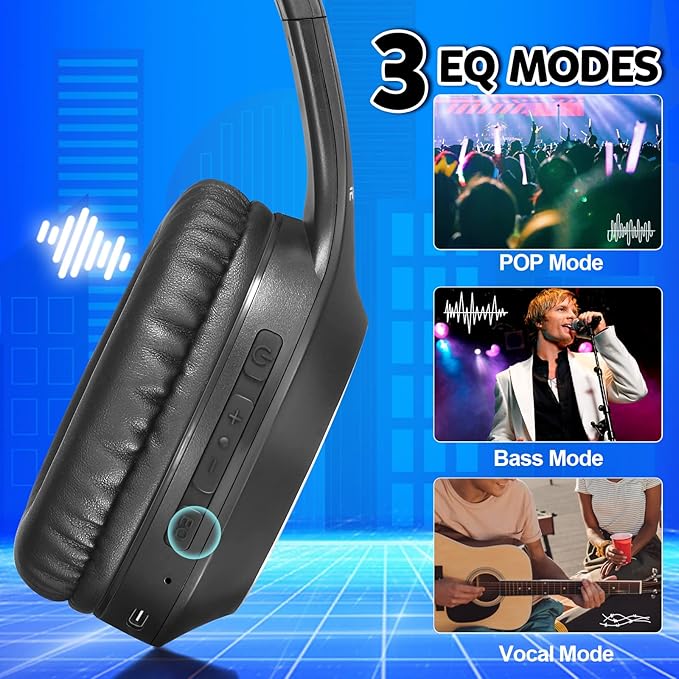 Bluetooth Headphones Over Ear, 68H Playtime and 3 EQ Music Modes Wireless Headphones with Microphone/Deep Bass, HiFi Stereo Foldable Lightweight Headset for PC Home Travel Office （Black