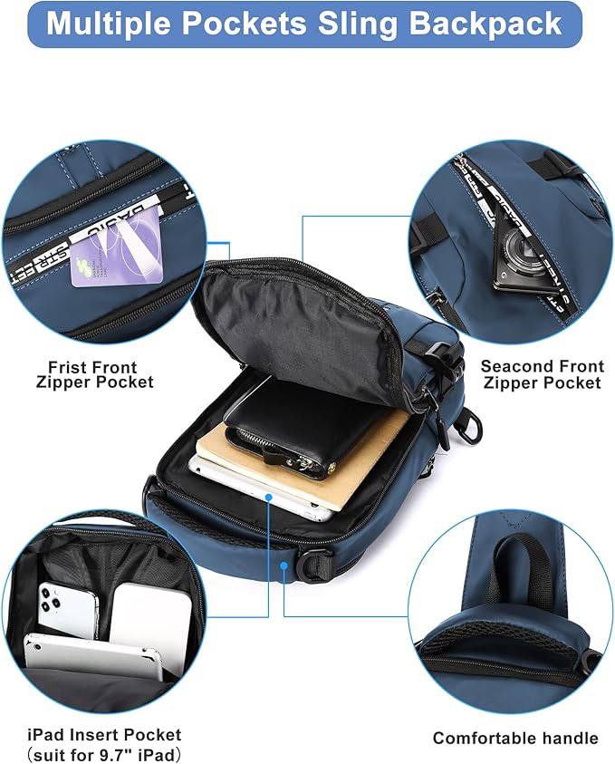 Blue Sling Crossbody Backpack Shoulder Messenger Bag for Men, Mini Anti Theft One Strap Motorcycle Backpack Sling Tactical Chest Bag for Hiking Walking Biking Travel Cycling