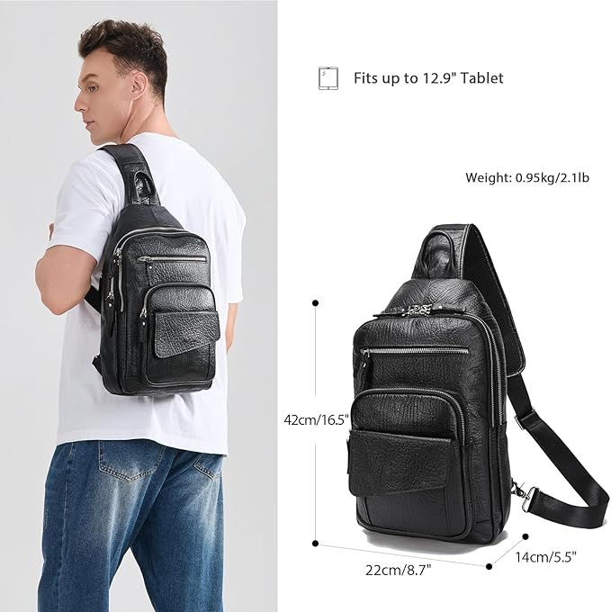 LANNSYNE Full Grain Leather Casual Sling Bag For Men Hiking/Travel/Business Crossbody Chest Bag Fits 12.9" iPad