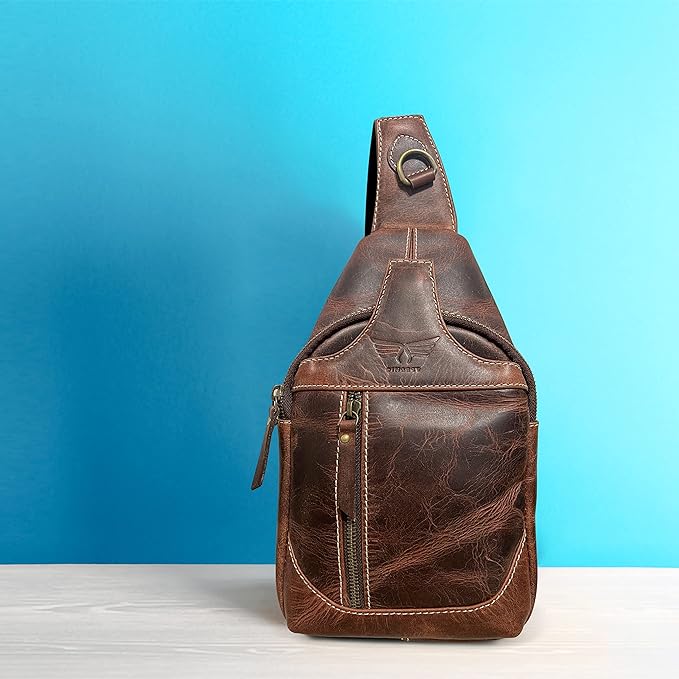 Leather Cross-body Sling Bag Casual Daypack Backpack Chest Shoulder Multi-Purpose Timeless Design Small Men (Rustic Brown)