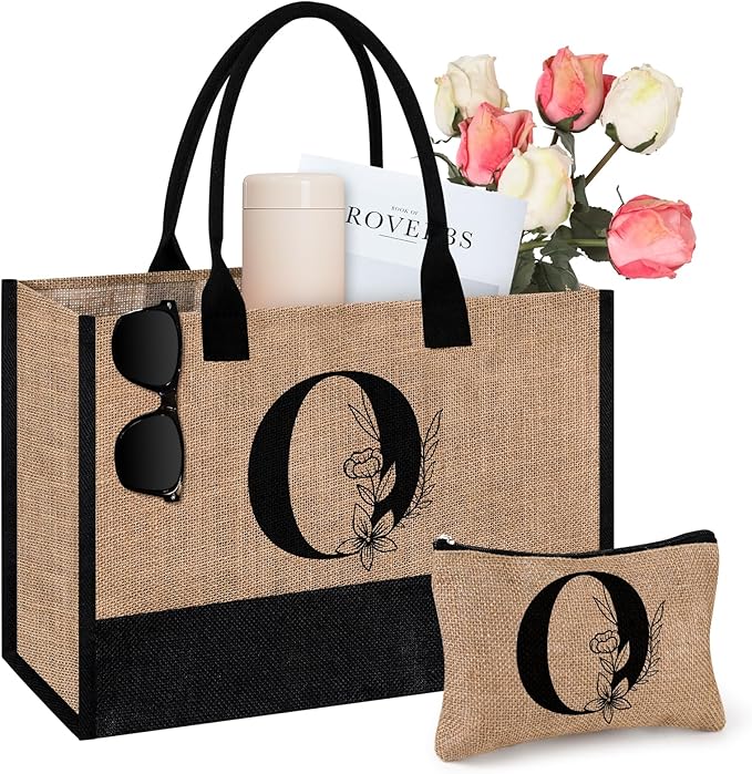 AYGE Personalized Initial Jute Tote Bag & Makeup Bag, Beach Bag, Monogrammed Birthday Gifts for Women Sister Mom Bridesmaid