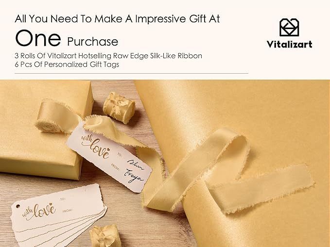 Vitalizart Gold Wrapping Paper Set 17" Pearly-Lustre With Silk Like Satin Ribbon & Gift Tags Recyclable Eco-Friendly Christmas Gift Wrapping Birthday Baby Shower Wedding Handmade Crafts 197"(16.4 Ft)