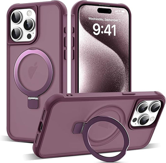 Compatible with iPhone 15 Pro Case with Invisible Magnetic O-Ring Stand Military-Grade Translucent Case for iPhone 15 Pro 6.1" [Compatible with Mag-Safe][Great Grip Feeling], Wine Red