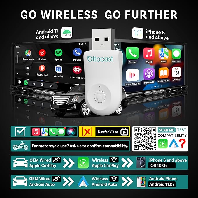 OTTOCAST Mini 2025 Wireless CarPlay & Android Auto 2-in-1 Adapter, Fast Stable Connection, Plug & Play for iPhone & Android Devices (White)