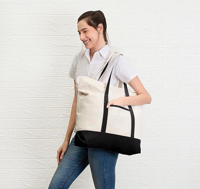 Cotton Canvas Tote Bag with an External Pocket & Top-Zipper Closure For - Gym, Beach, DIY, Work, Travel, Shopping