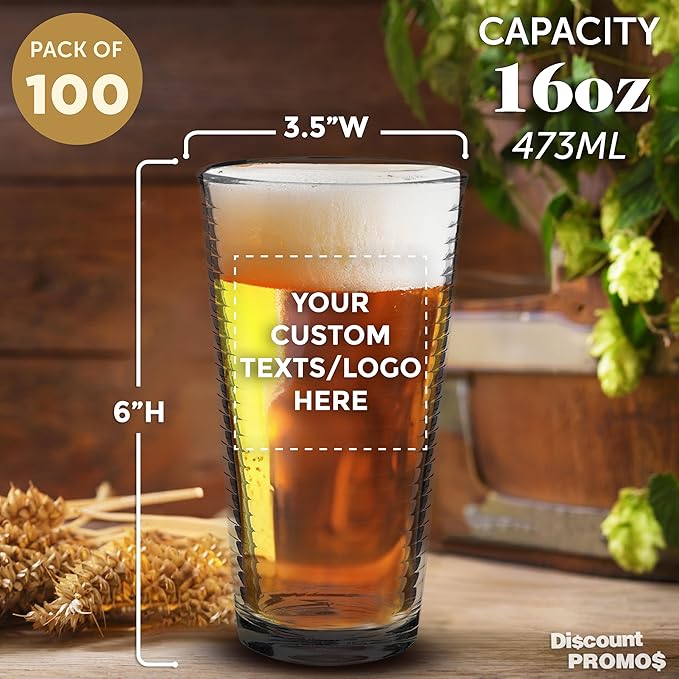 Custom Spiral Pint Glass 16 oz. Set of 100, Personalized Bulk Pack - Beer Glasses, Heavy Duty Drinkware - Clear