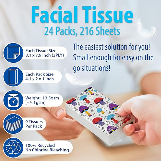 Funwares White Facial Travel Tissue Packs, Non-Bleach, Chlorine-Free, Compact Pocket Tissues for Car, Purse, School, Work, On-the-Go Tissue Packs, Mushroom Design, 24 Packs, 216 Tissues, 3-Ply Sheets