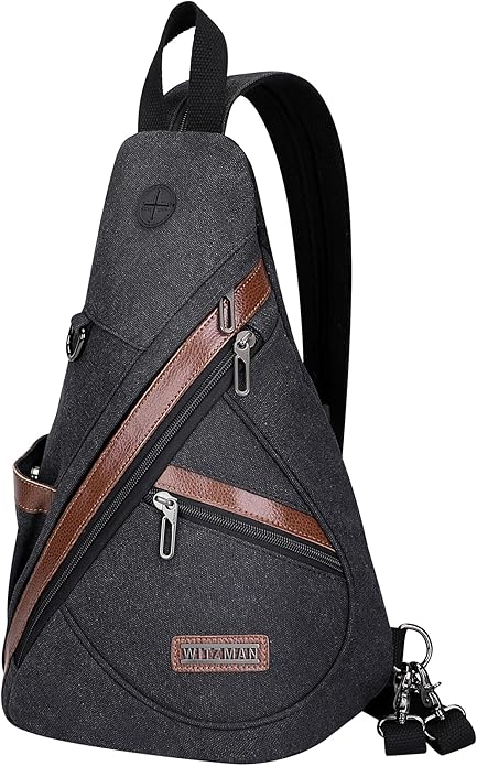 WITZMAN Canvas Sling Bag for Men Women Convertible Sling Backpack Crossbody Vintage Chest Bag Travel Casual Daypack（A8003 Black）