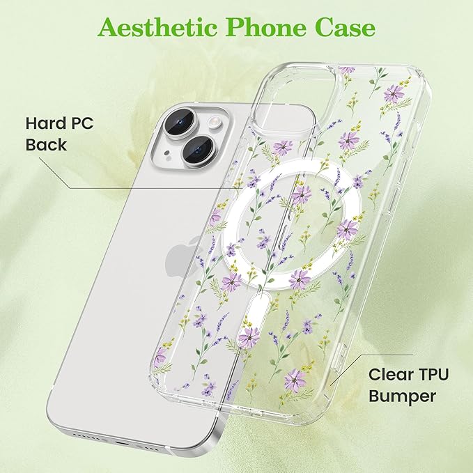ZTOFERA for iPhone 13/14 Magnetic Case Compatible with Magsafe,Aesthetic Floral Pattern Design Cute for Girl Women,Anti-Drop Protective Hard Phone Cover for iPhone 13/14-Purple Flower